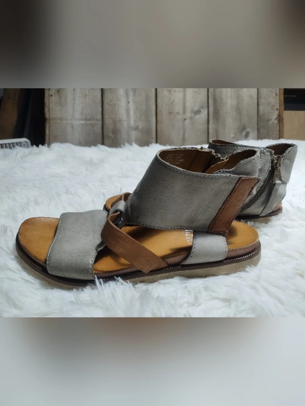 Miz Mooz Gray and Brown Leather Strappy Sandals